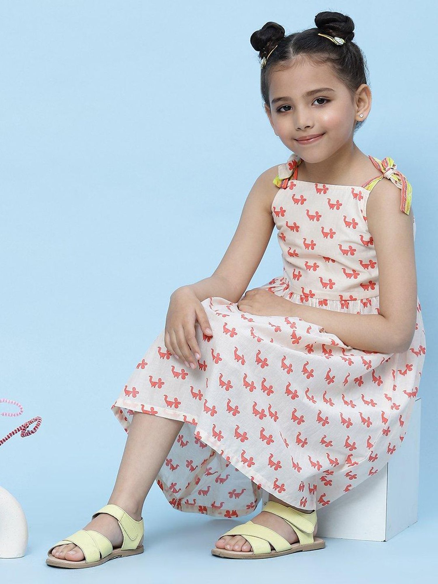 BIBA Girls Off White Cotton Printed Dress