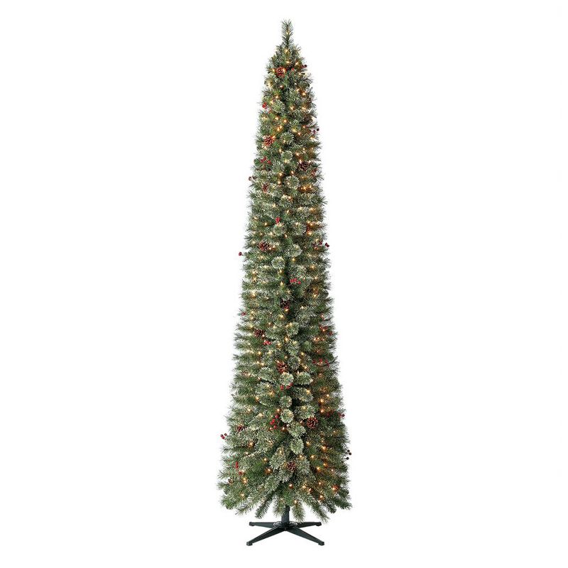 Home Heritage 9 Foot Pre-Lit Skinny Artificial Stanley Pencil Pine Christmas Tree with Clear White Lights, Pine Cones, Red Berries and Foldable Stand