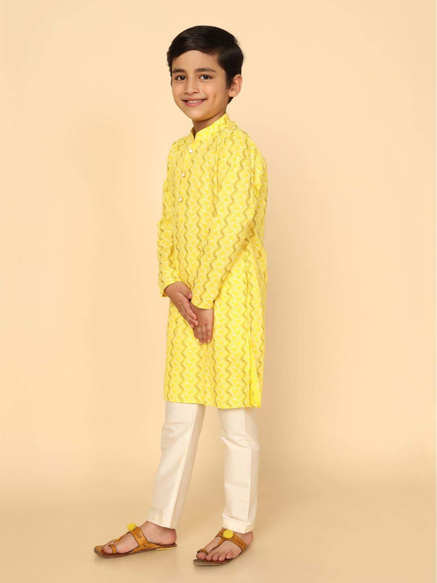 KISAH Kids Yellow Cotton Printed Full Sleeves Kurta