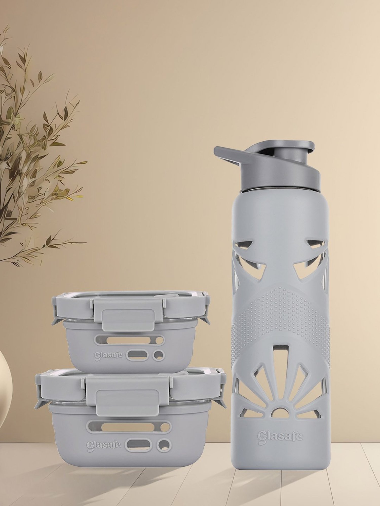 Glasafe Desk Munch Slate Grey Borosilicate Tiffin Combo