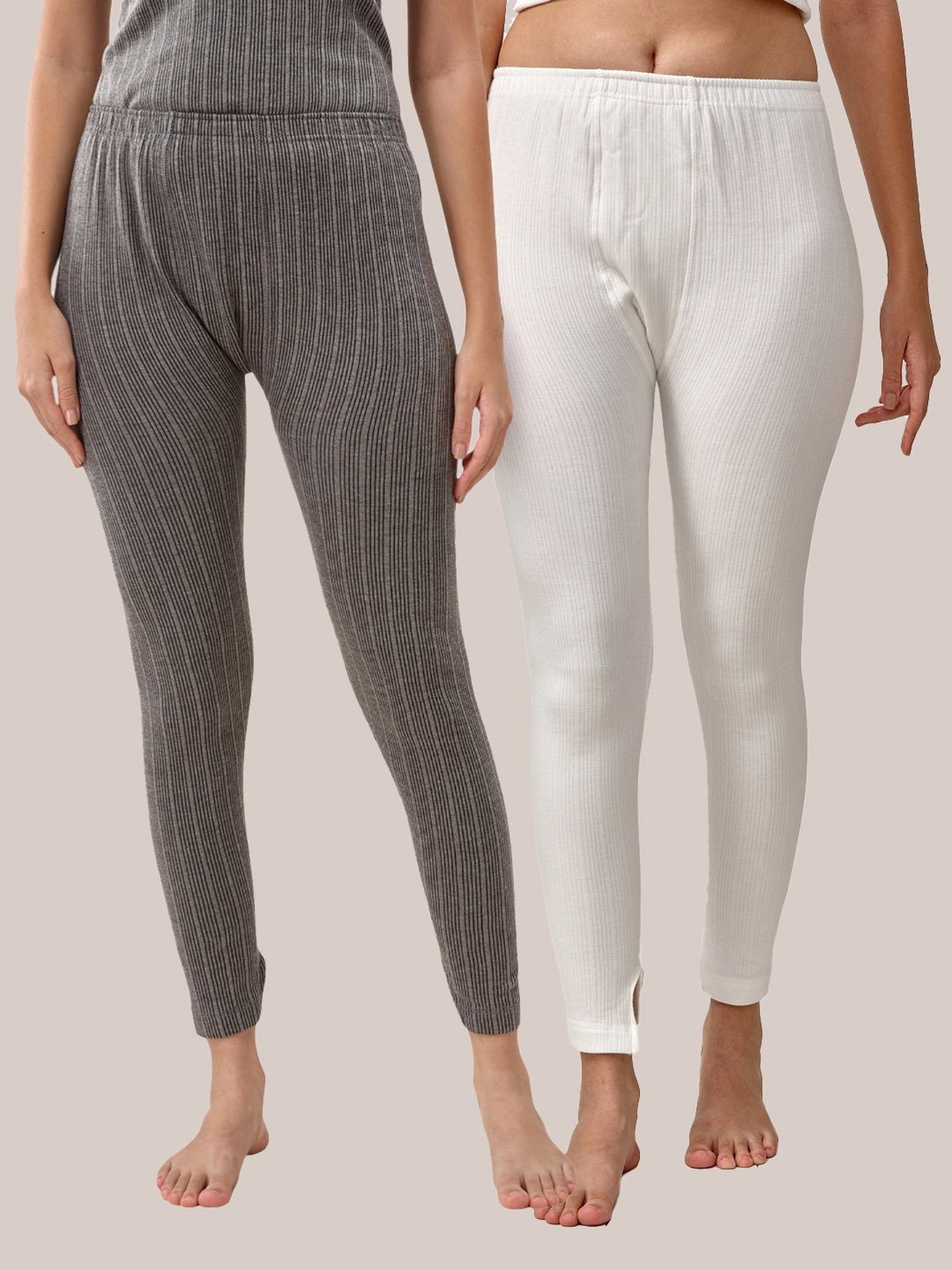 LUX Inferno Grey & Off-White Striped Thermal Leggings - Pack Of 2