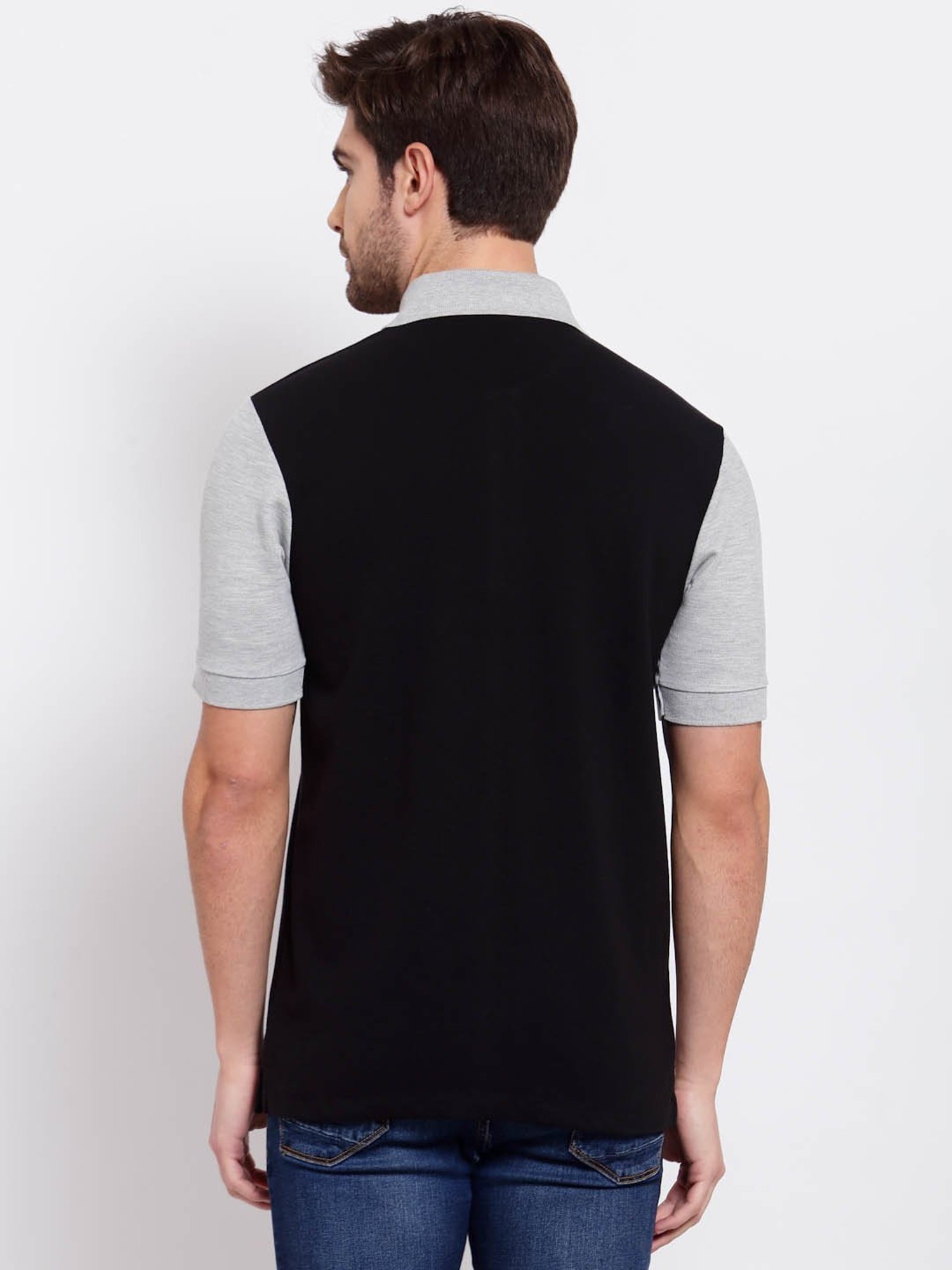 Kalt Black & Light Grey Regular Fit Colour-Block Polo T-Shirt