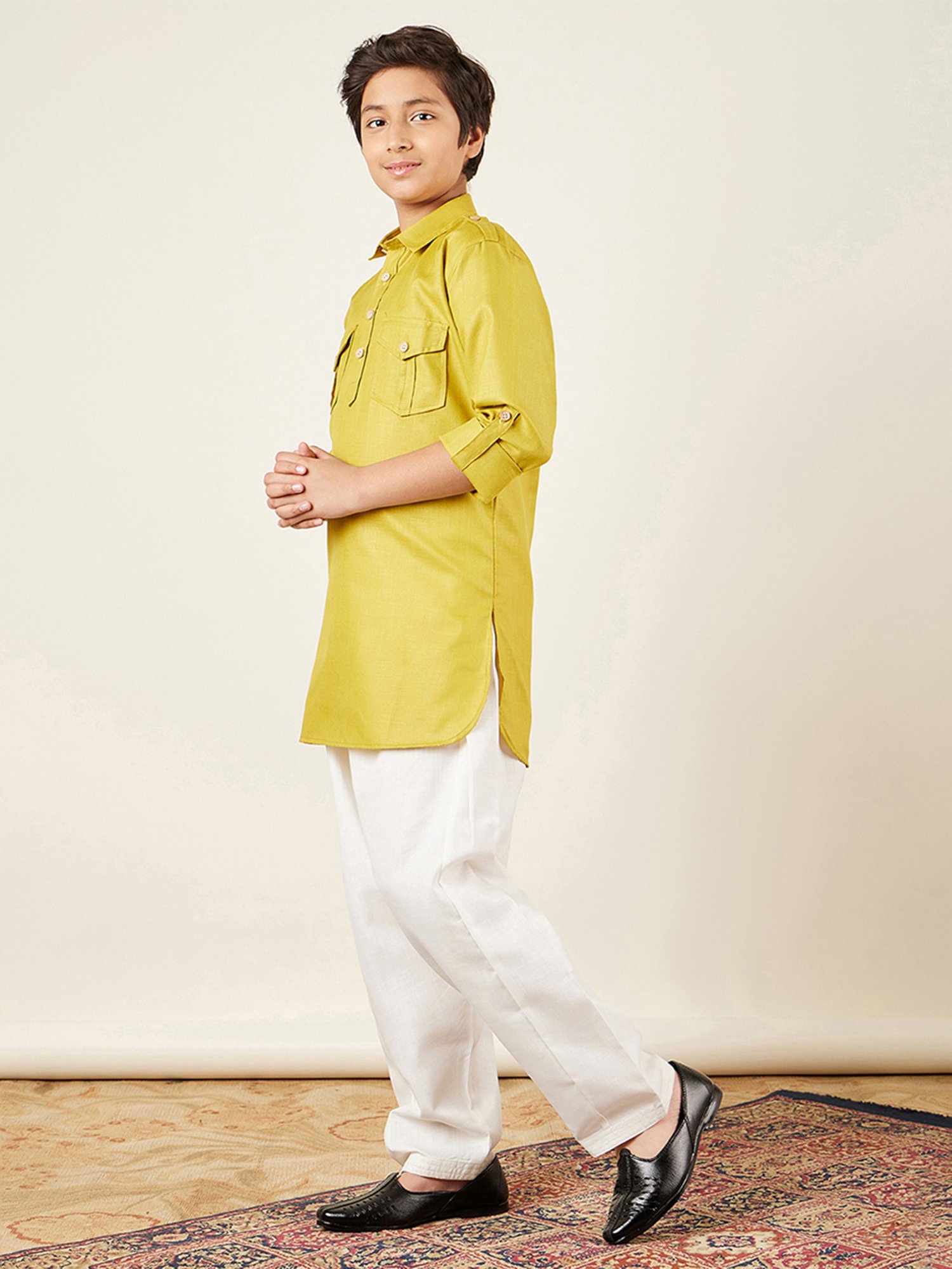 AJ Dezines Kids Green & White Solid Full Sleeves Kurta with Salwar