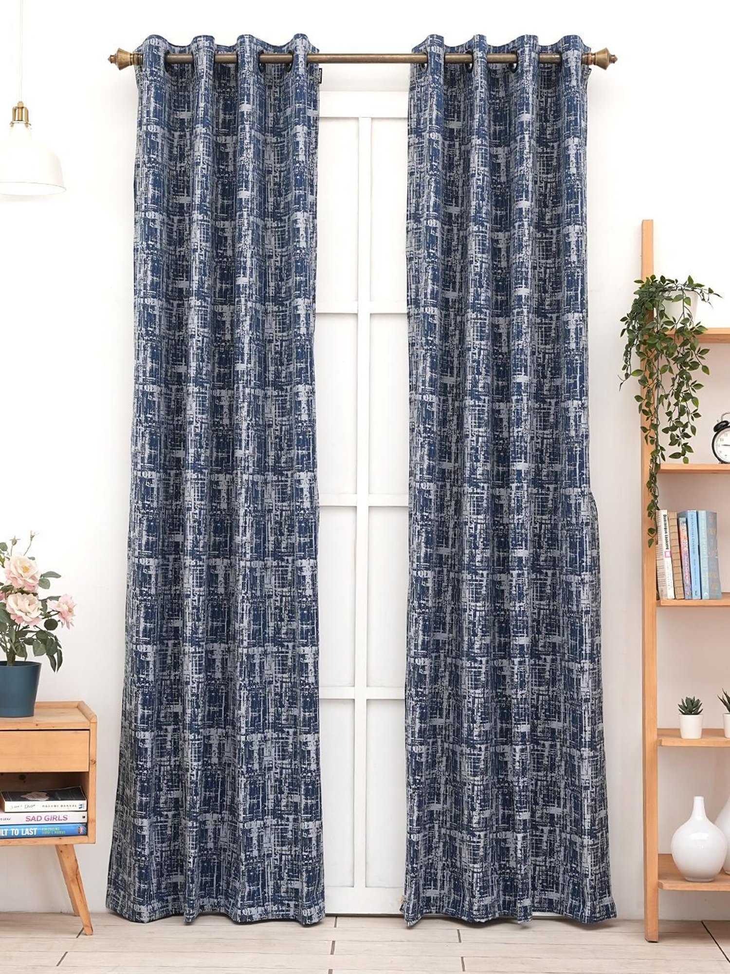 Ariana Firebell Textured Navy Blue Polyester 5 ft Window Curtain