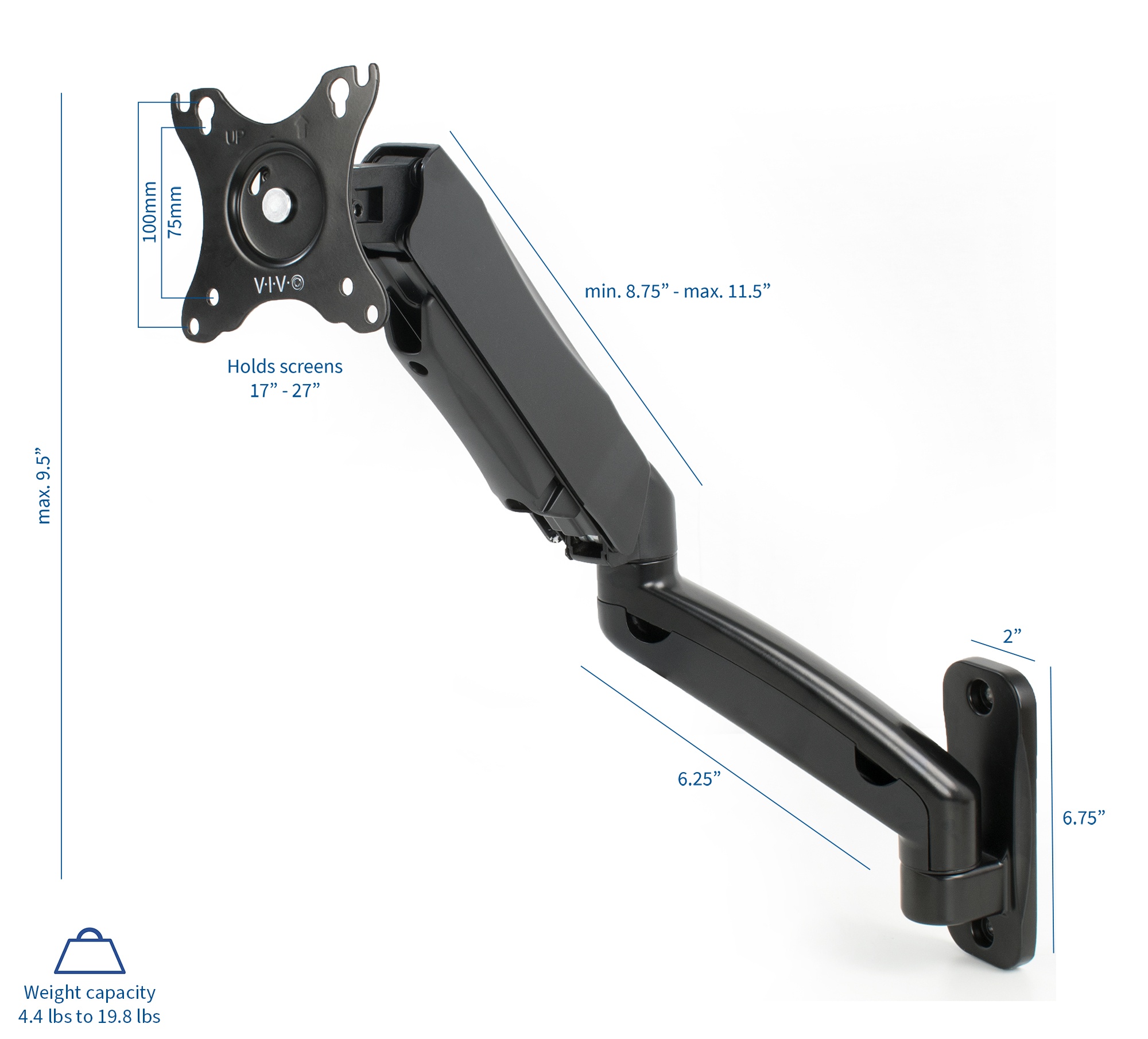 VIVO Black Gas Spring Extended Arm Full Motion Articulating Monitor Wall Mount for 17" to 27" Screens (MOUNT-V001G)