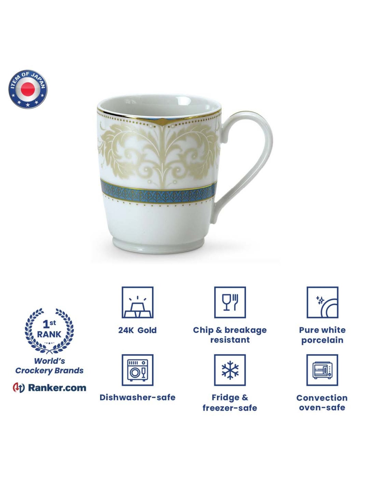 Noritake Royal Fountain White & Green Poreclain Coffee Mug (0.295 L) - Set of 6