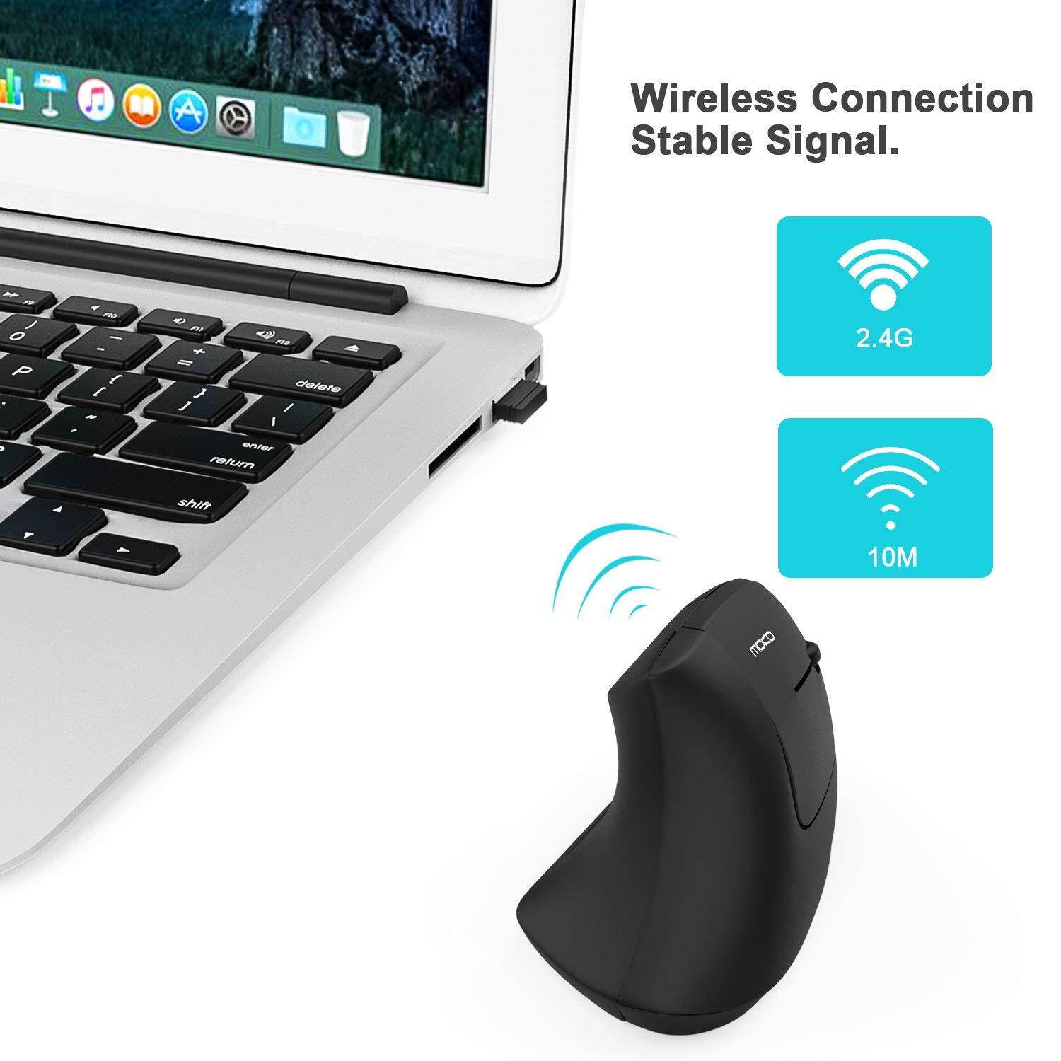 MoKo Wireless Vertical Mouse, 2.4G Ergonomic Wrist Relax Mouse with 3 Adjustable DPI Levels and 6 Buttons for Laptop, PC, Notebook, Chromebook, Macbook - Black