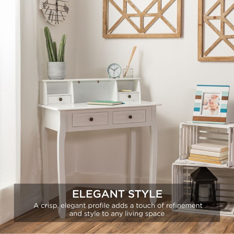 Best Choice Products 32in Colonial Writing Desk for Home Office Study w/ 4 Drawers, 2 Cubbies, Floating Hutch - White