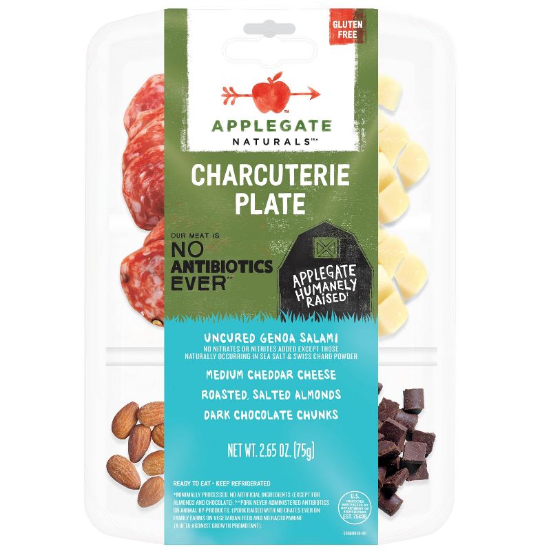 Applegate Natural Charcuterie Plate Uncured Genoa Salami, Cheddar, Roasted Almonds & Dark Chocolate - 2.65oz