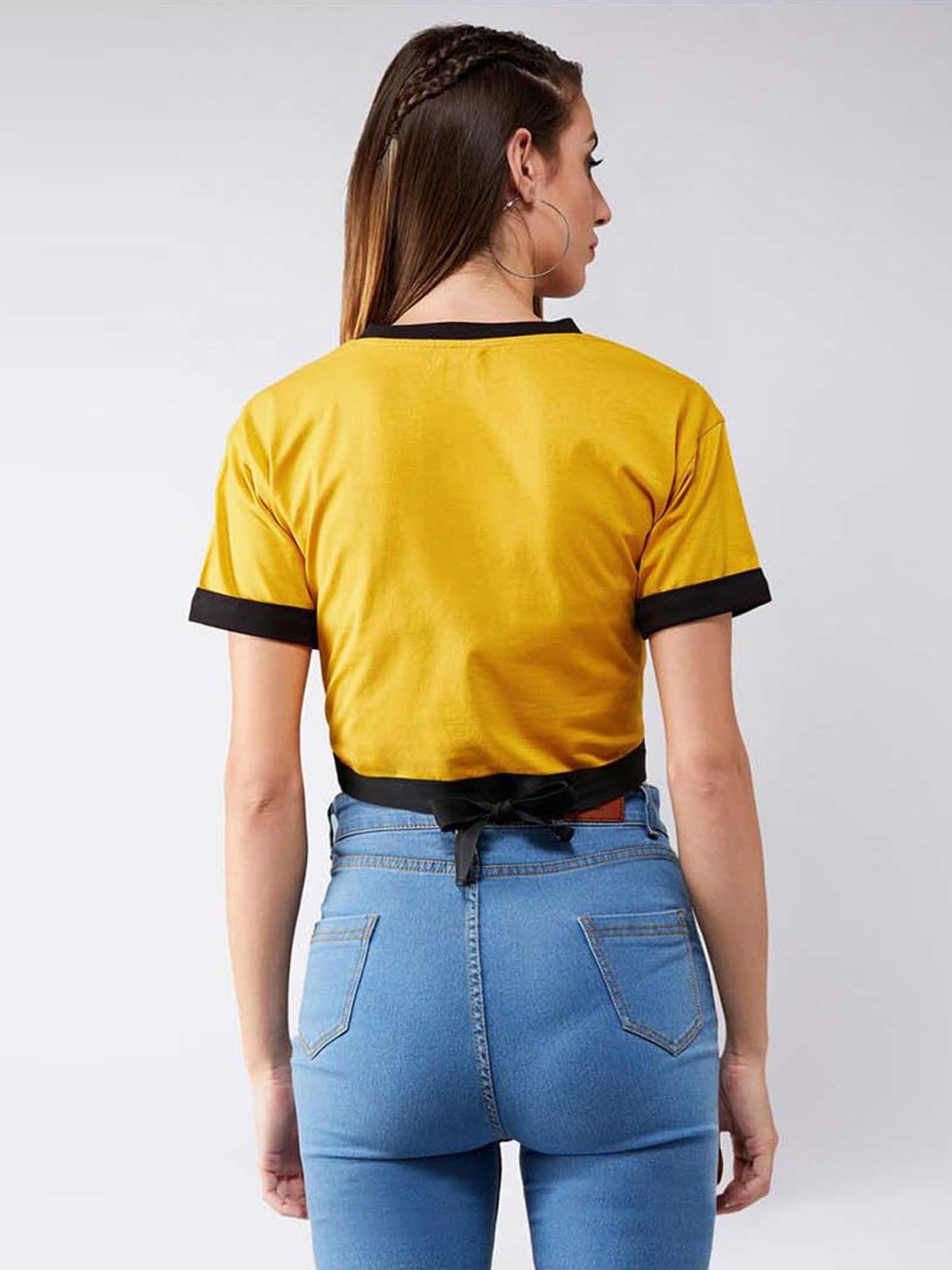 Miss Chase Mustard Cotton Printed Crop Top