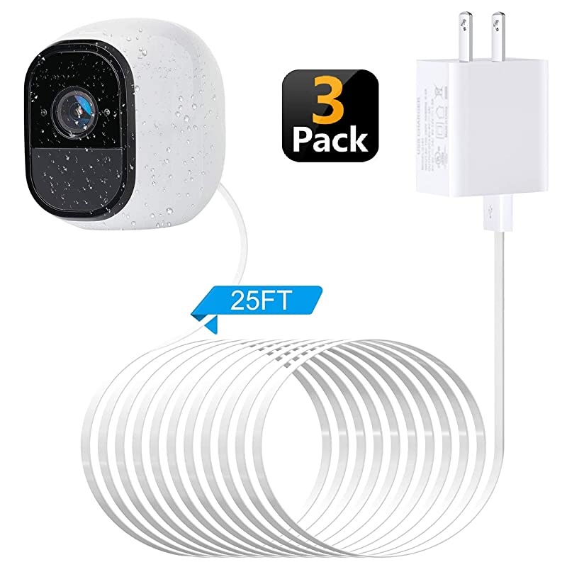 3Pack Power Adapter for Arlo with 25Ft75m Weatherproof USB Cable Continuously Charging Arlo Pro and Arlo Pro 2 No Need to Change The Batteries White