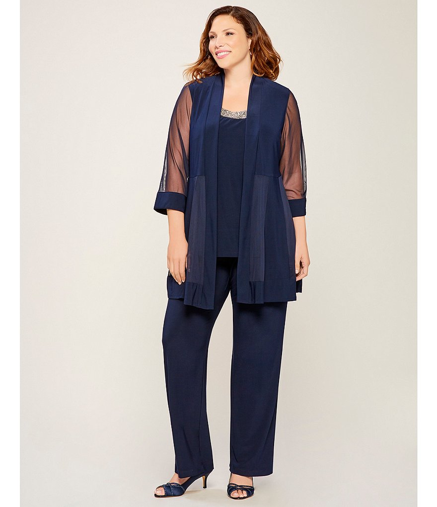 R & M Richards Plus Size Scoop Neck 3/4 Sleeve Beaded Detail Top & Sheer Knit Jacket 2-Piece Pull-On Pant Set