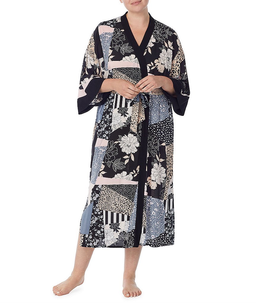 Kensie Plus Mixed Patchwork Print Woven Long Wrap 3/4 Sleeve Robe