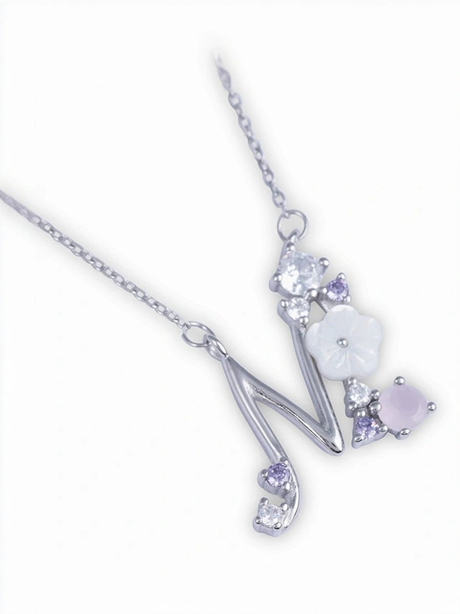 Touch925 Sterling Silver Floral 'N' Initial Chain Necklace for Women & Girls