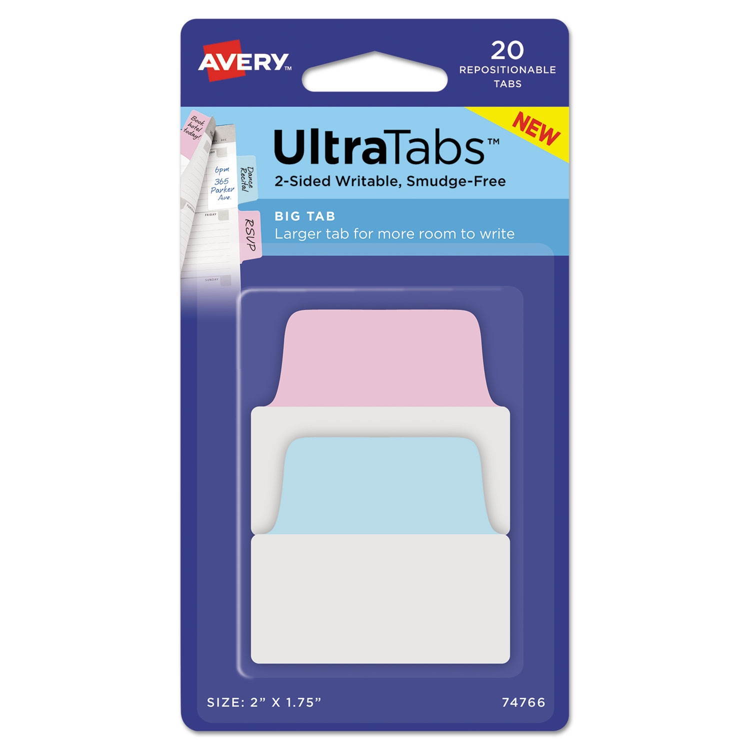 Avery Ultra Tabs Repositionable Tabs 2 x 1 3/4 Pastel: Blue Pink 20/Pack 74766