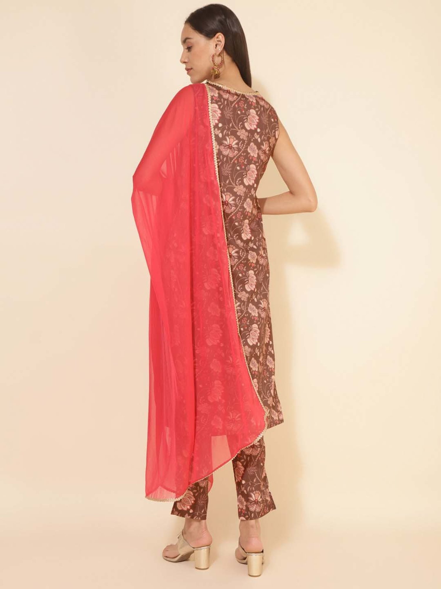 Janasya Brown Crepe Floral Print Kurta Pant Set With Dupatta