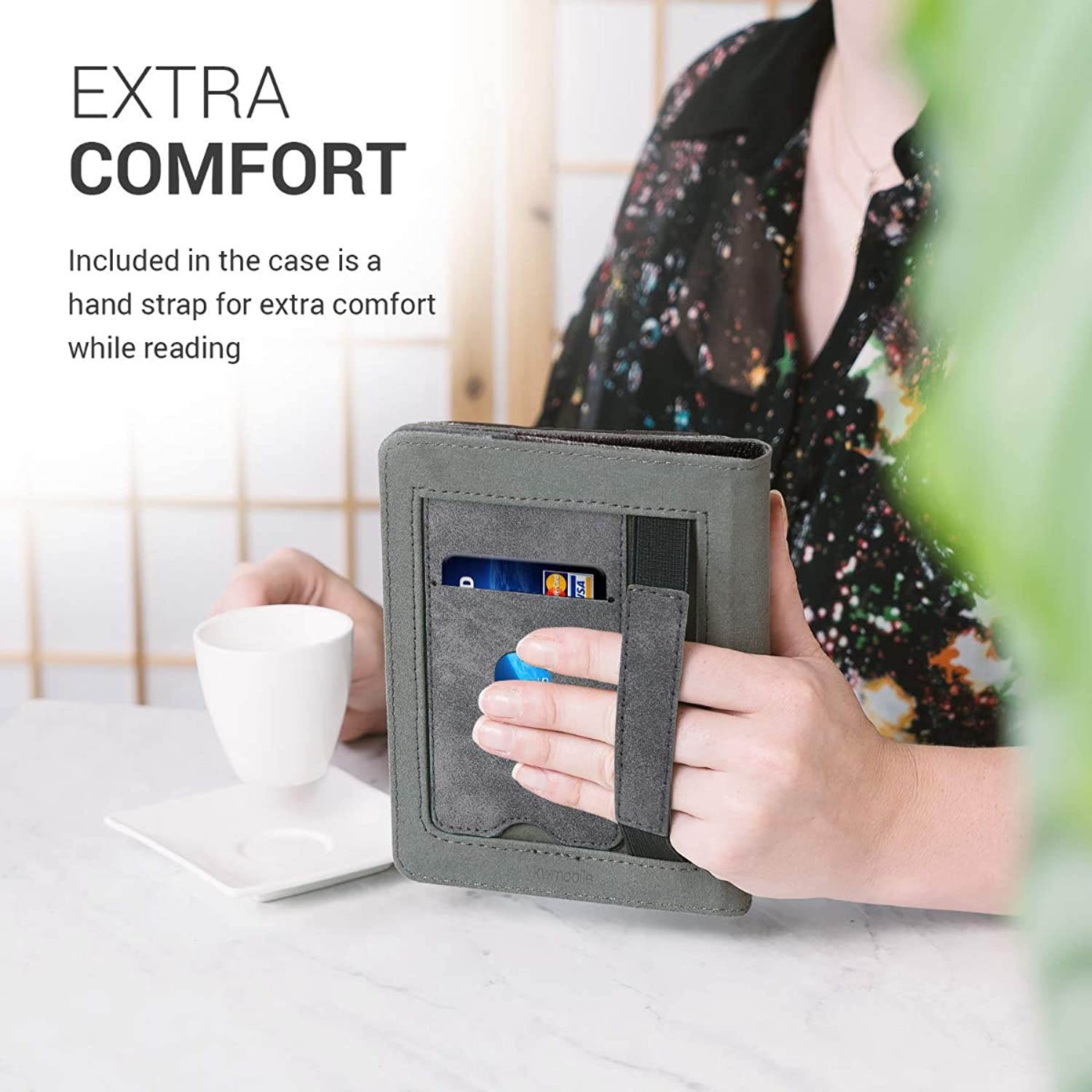 kwmobile Case Compatible with Kobo Clara HD - Canvas Synthetic Suede Cover with Magnetic Closure, Kickstand, Hand Strap, Card Slot - Grey/Black