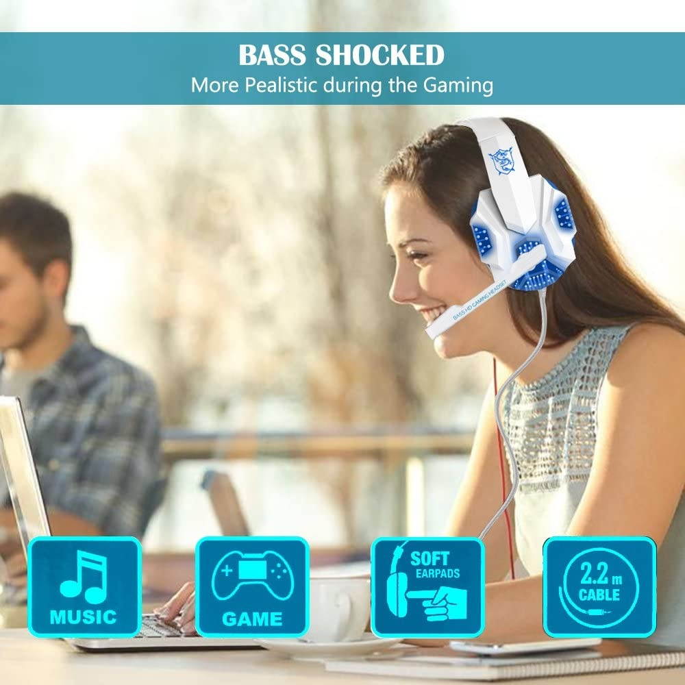 Gaming Headset for Laptop Computer, Cellphone, PS4 and so on, maxin 3.5mm Wired Noise Isolation Gaming Headphones with Mic and LED Light- Volume Control.(White and Blue)