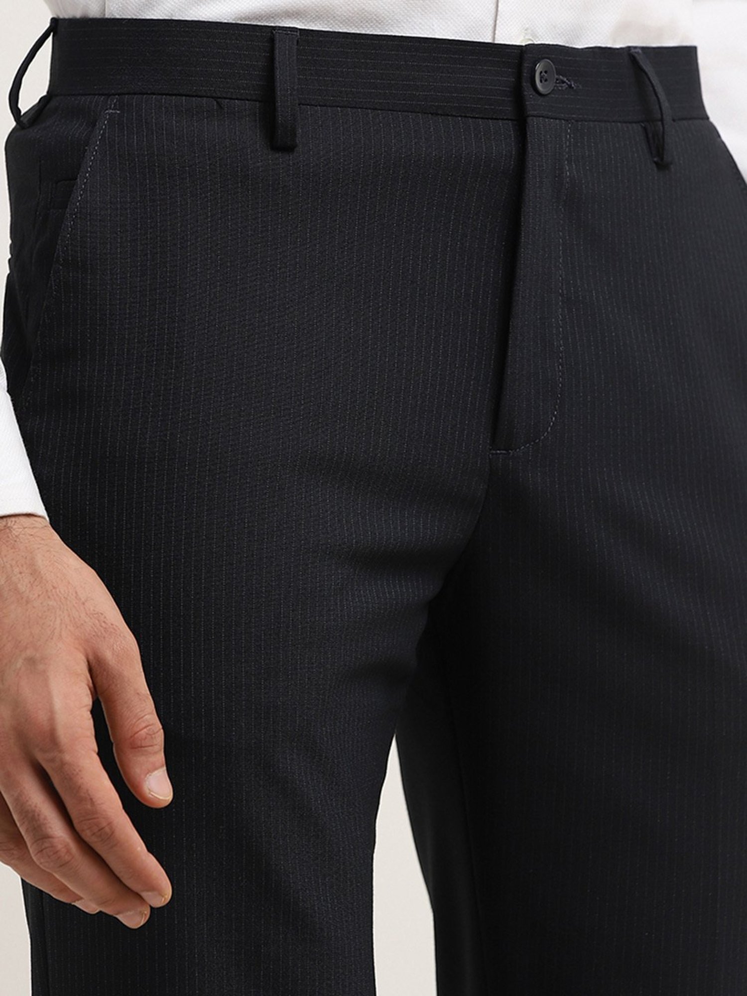 WES Formals by Westside Black Pinstripe-Detailed Carrot-Fit Trousers