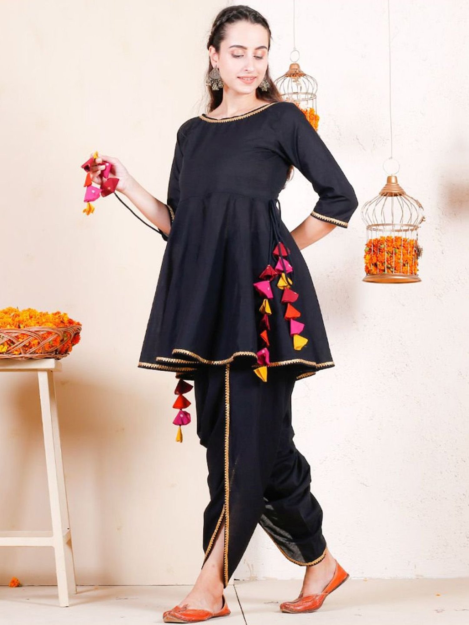 Rustorange Black Peplum Top & Dhoti Set