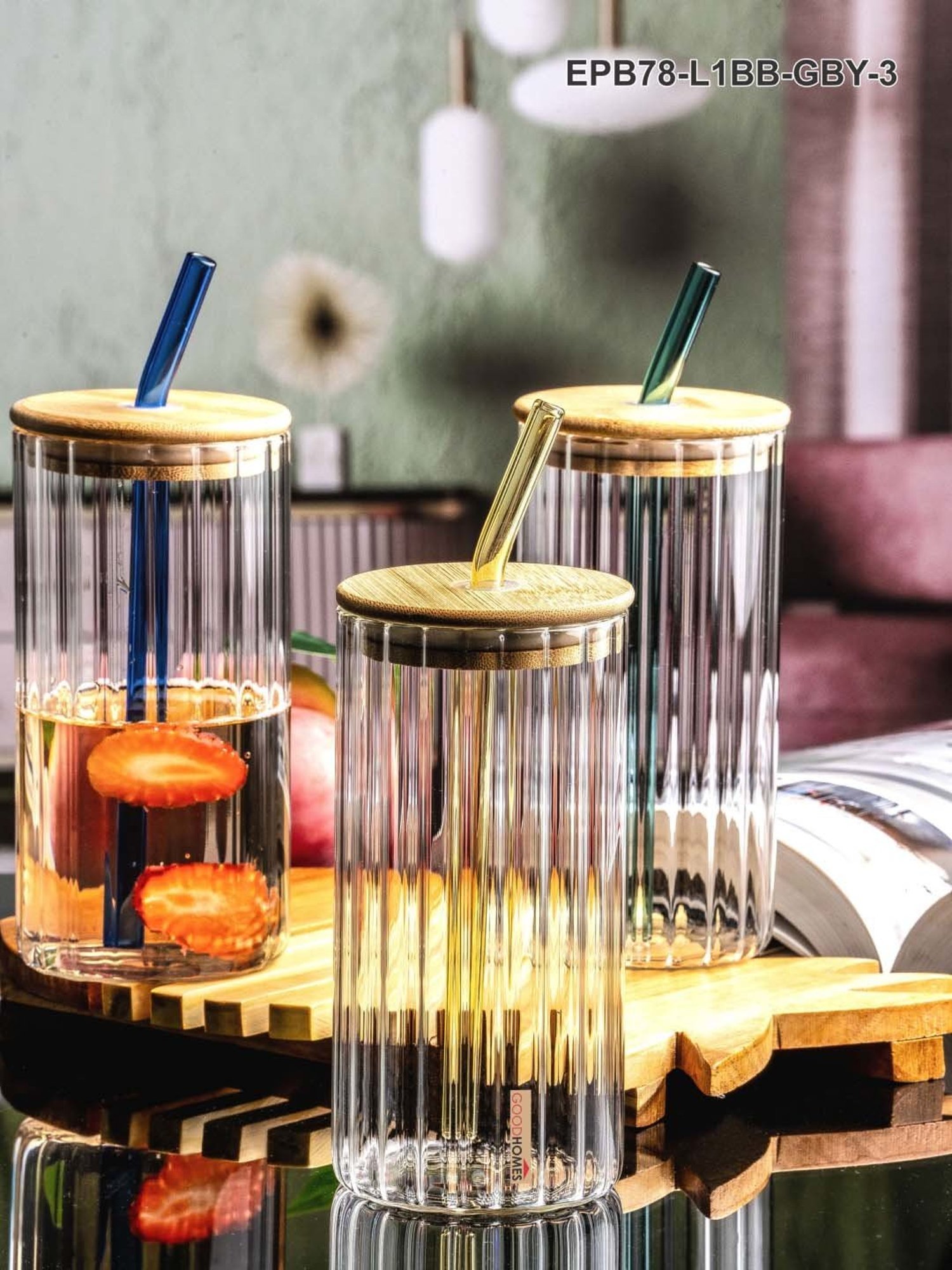 Goodhomes Transparent Glass 3-Piece Mason Jar Set with Wooden Lid & Glass Straw