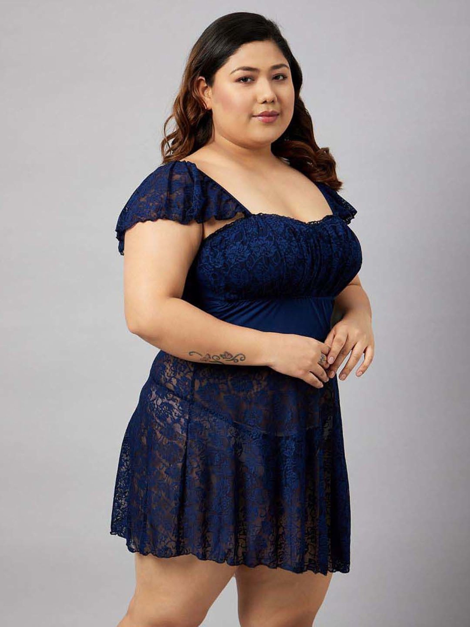 Secrets By ZeroKaata Black & Blue Lace Work Babydoll with Panty - Pack Of 2