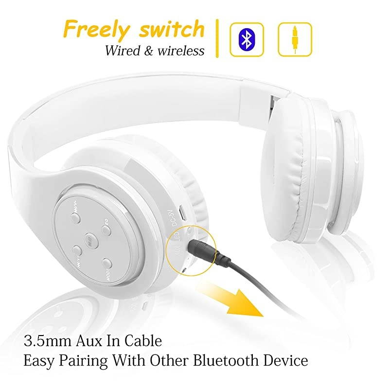 Headphones for Kids, 85db Volume Limited, up to 6-8 Hours Play, Stereo Sound, SD Card Slot, Over-Ear and Build-in Mic Wireless/Wired Headphones for Boys Girls(White)