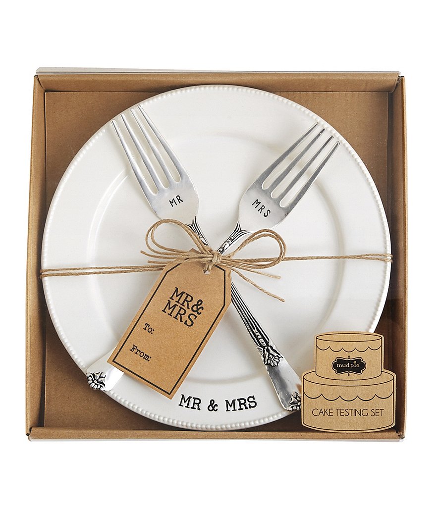 Mud Pie Wedding Collection Mr. & Mrs. Cake Testing Plate with 2 Forks