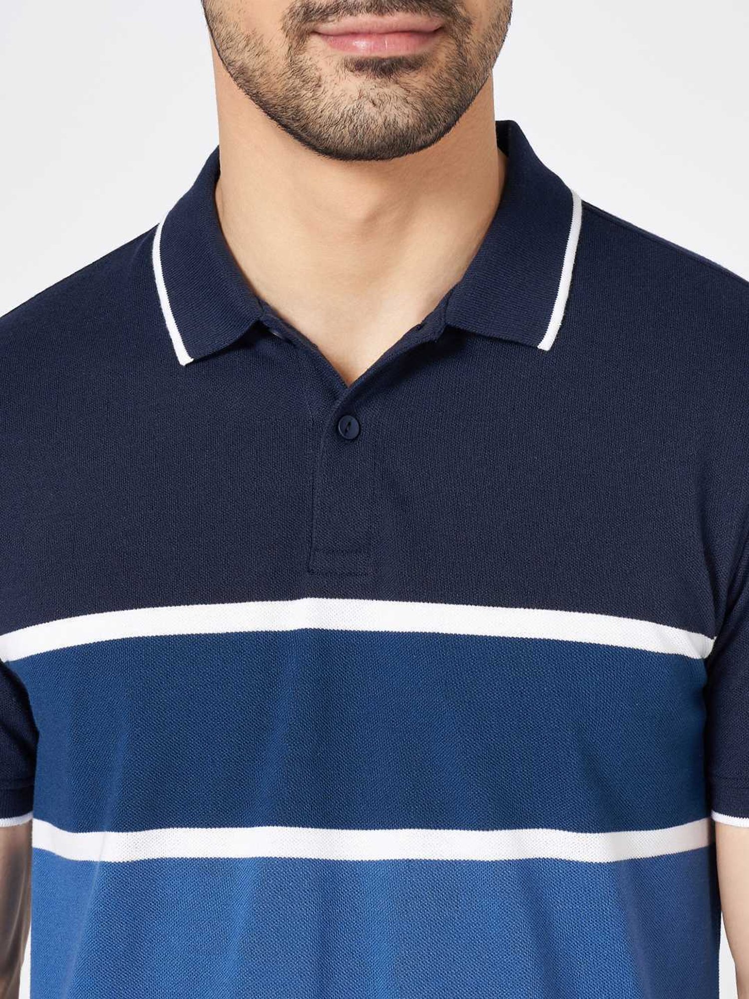 Byford By Pantaloons Blue Slim Fit Striped Polo T-Shirt