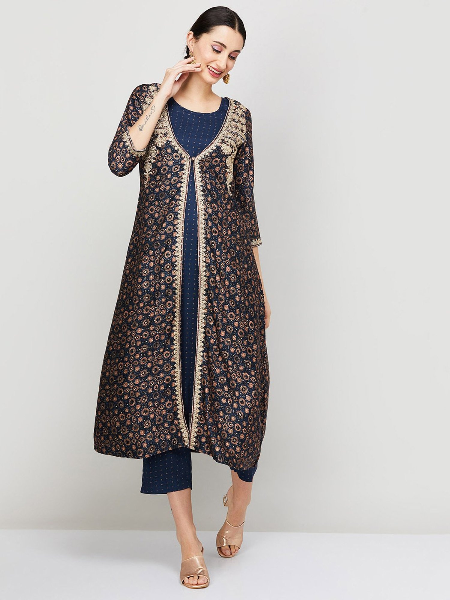 Melange by Lifestyle Blue Kurta With Pants & Jacket