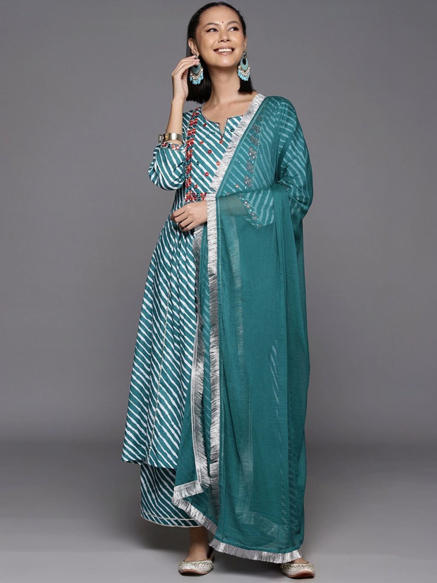 Varanga Turquoise Cotton Striped Kurta Palazzo Set With Dupatta