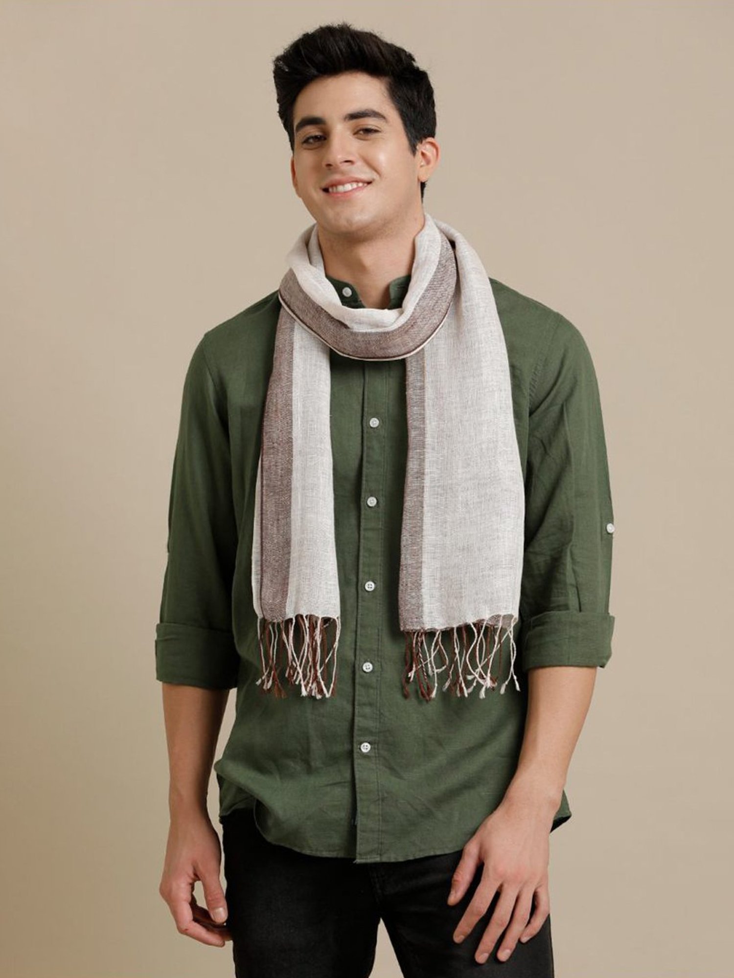 Linen Club Brown Striped Pure Linen Stole