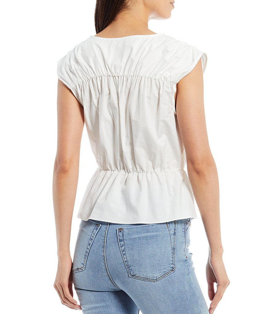 A Loves A Cinched Yoke and Waist Peplum Cap Sleeve Blouse