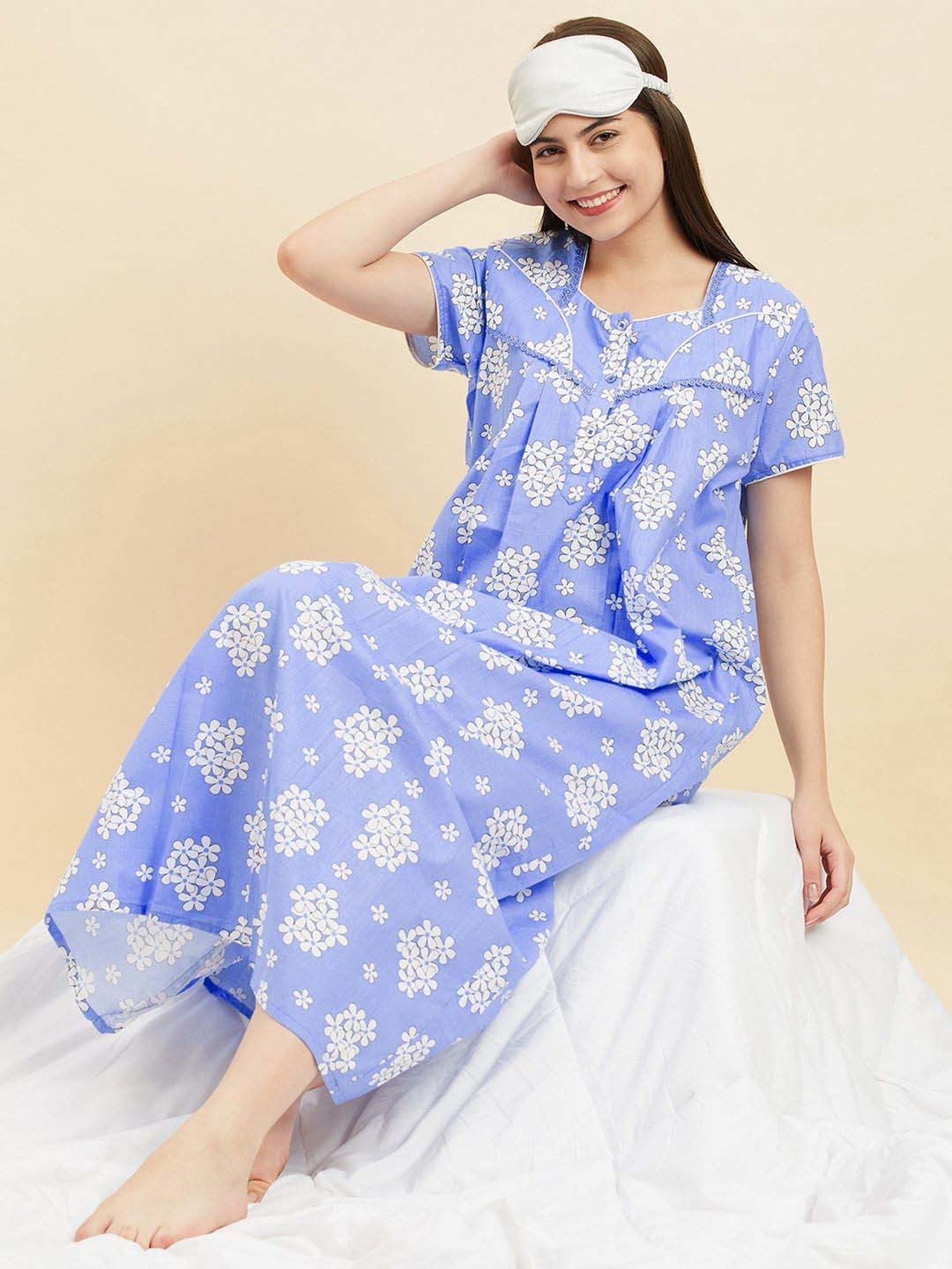 Sweet Dreams Blue Cotton Floral Print Night Gown