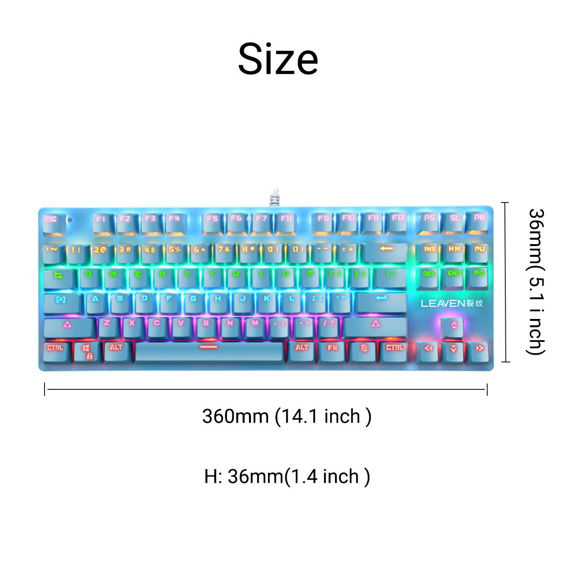 CUUWE K550 87 Keys Wired Mechanical Keyboard Blue Switch Waterproof 19 RGB Backlight Gaming Keyboard for Windows XP/7/8/10 Systems