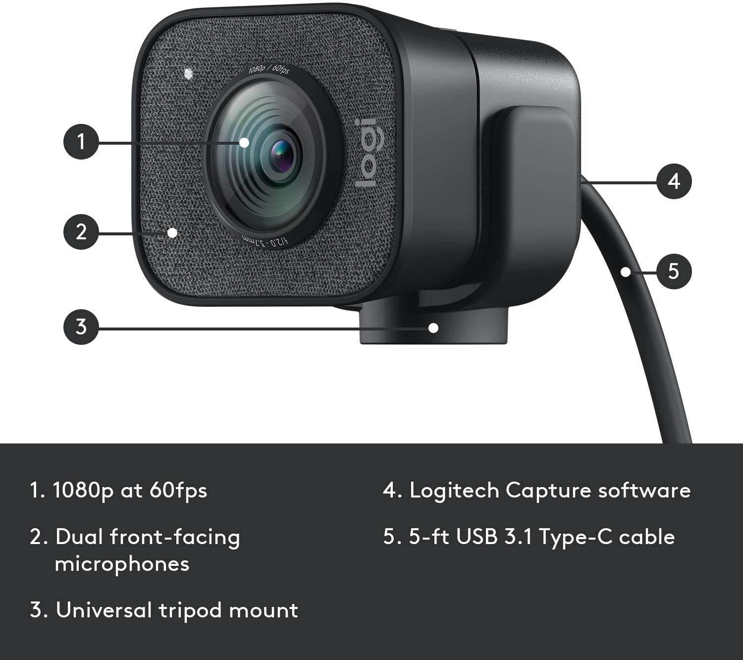 Logitech StreamCam, 1080P HD 60fps Streaming Webcam with USB-C and Built-in Microphone (In Hand)