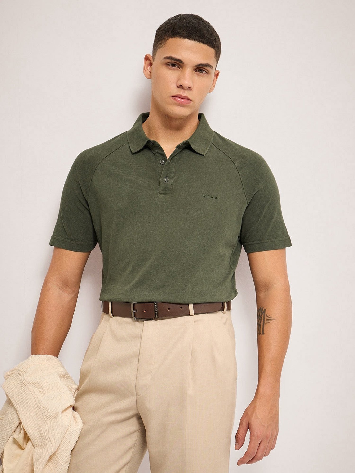 The Bear House Green Cotton Regular Fit Self Pattern Polo T-Shirt
