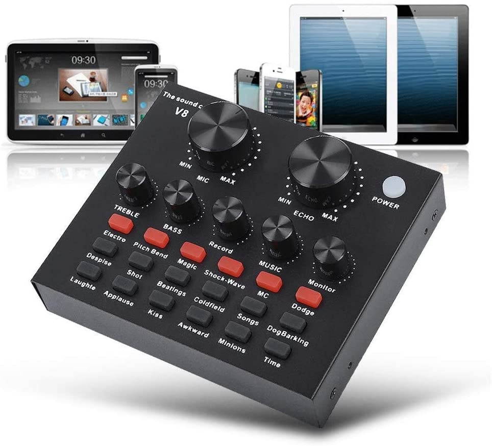 V8-Live Sound Card, Audio Mixer USB External Sound Card Headset Microphone Live Sound Card Karaoke for Double Cell Phone Live Computer PC Live Recording Home KTV Voice Chat