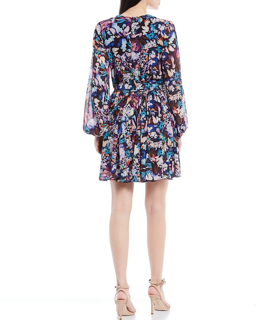 Belle Badgley Mischka Alison V-Neck Long Sleeve Chiffon A-Line Dress