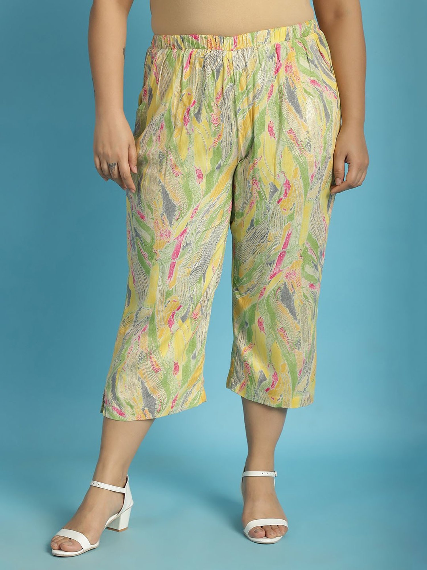 theRebelinme Yellow Printed High Rise Capris