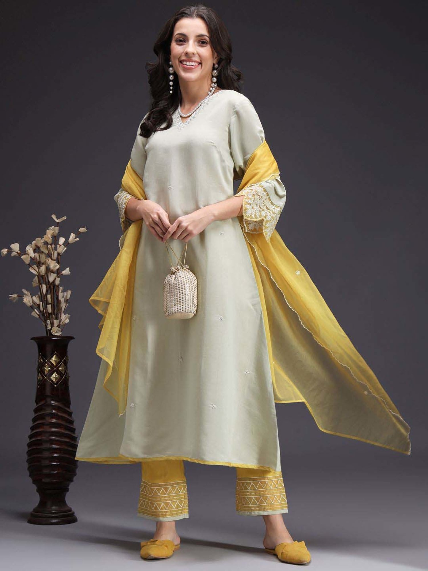 Heeposh Green & Yellow Embroidered Kurta Pant Set With Dupatta