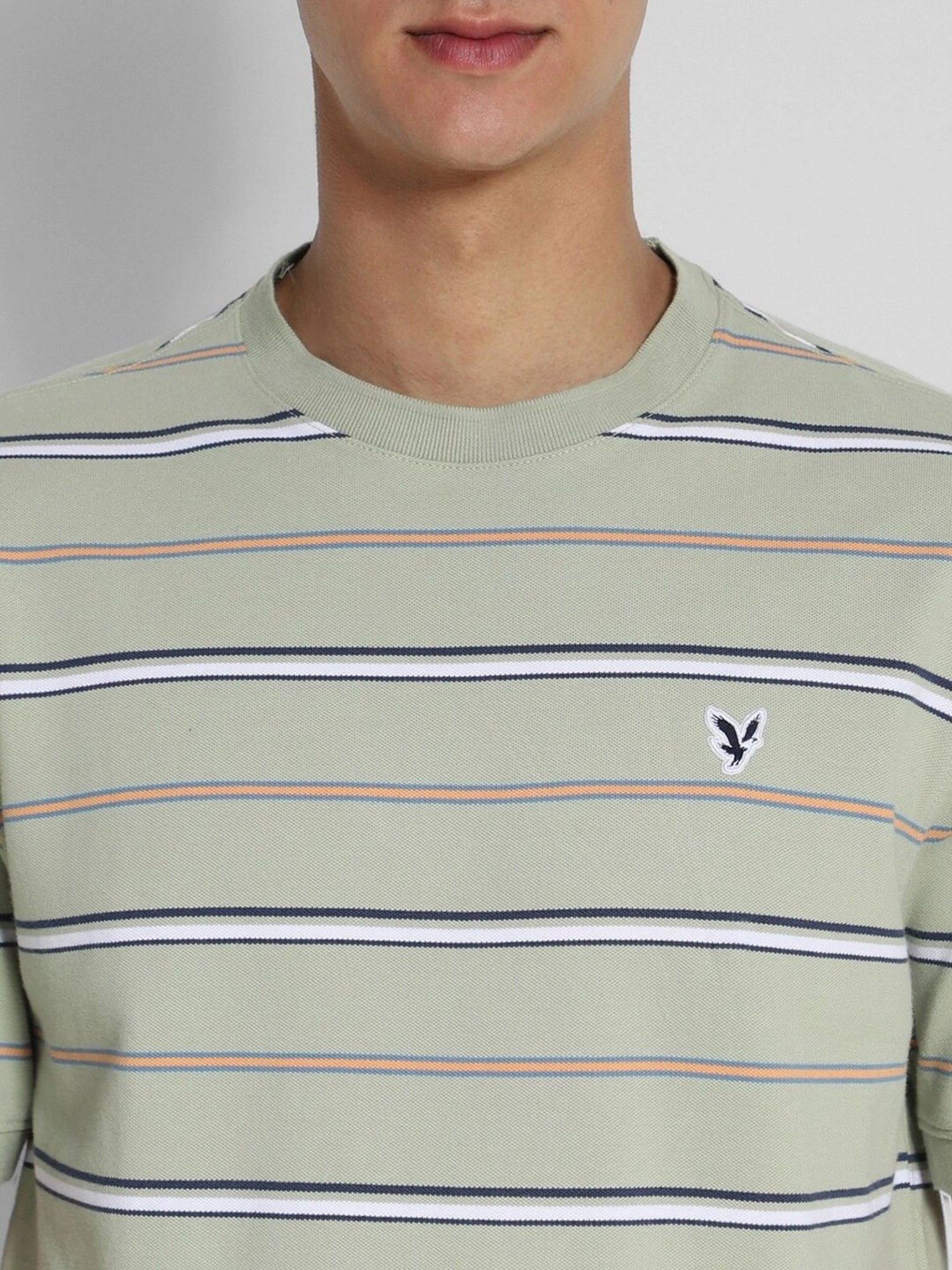 American Eagle Green Cotton Regular Fit Striped T-Shirt