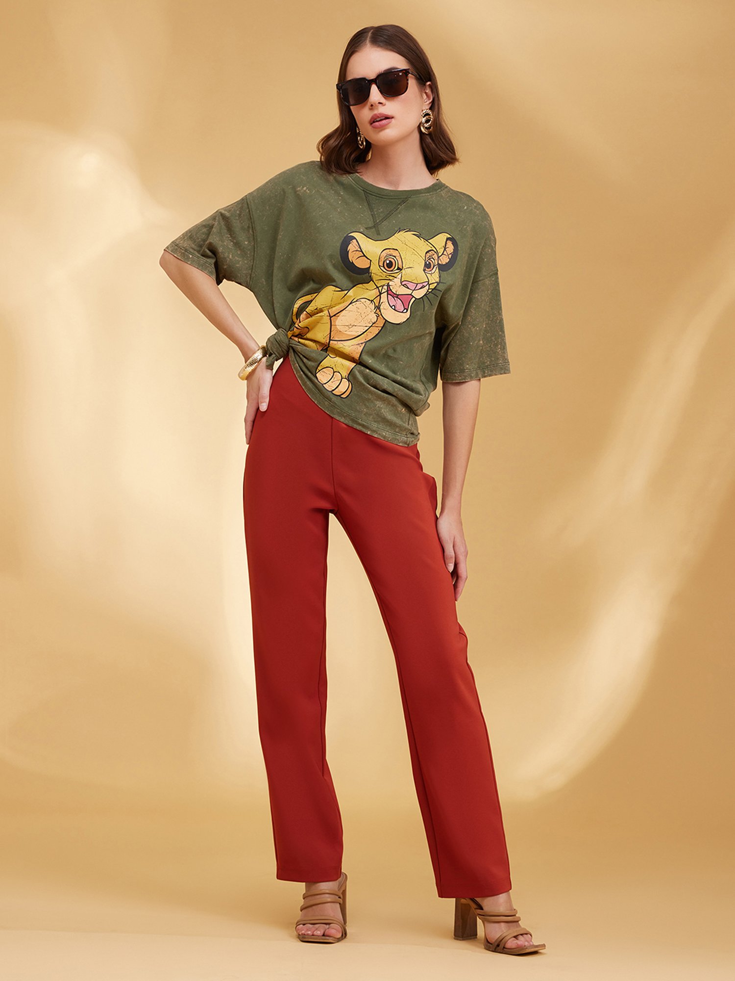 Kazo Olive Cotton Printed Oversized T-Shirt