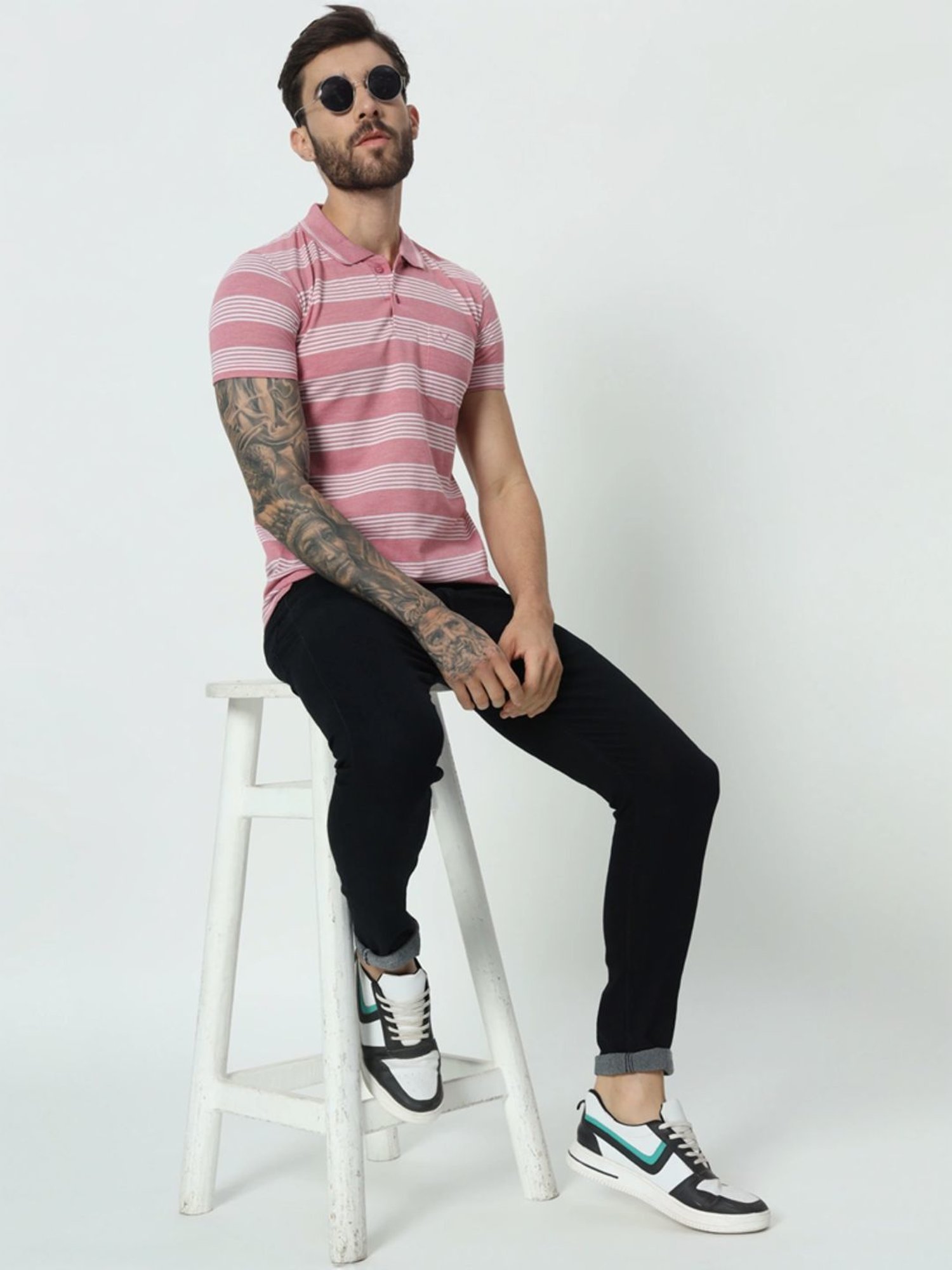 Tab91 Pink Regular Fit Striped Polo T-Shirts