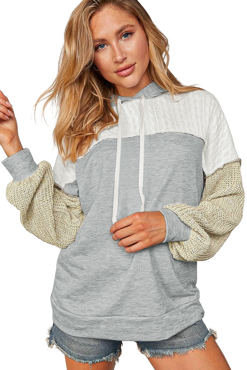 Grey Color Block Exposed Seam Pullover Hoodie for Women