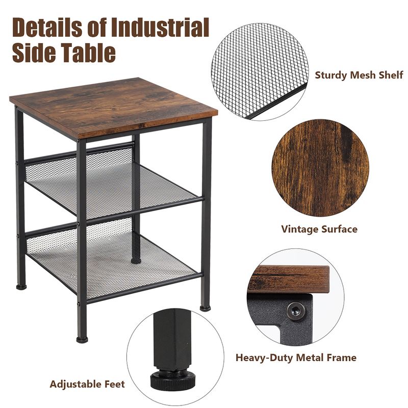 Costway Set of 2 3-Tier Industrial End Side Table Nightstand W/2 Adjustable Shelves