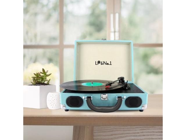 LP&No.1 Portable Suitcase Turntable with Stereo Speaker,3 Speeds Belt-Drive Vinyl Record Player Blue