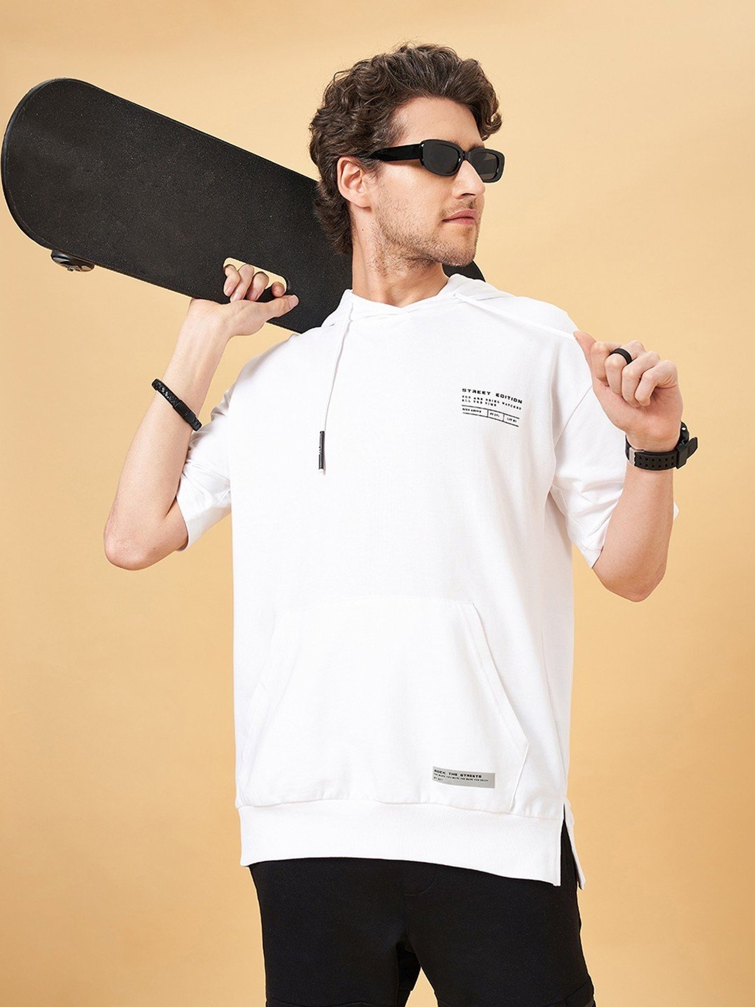 Street 808 by Pantaloons White Cotton Regular Fit Hooded T-Shirt