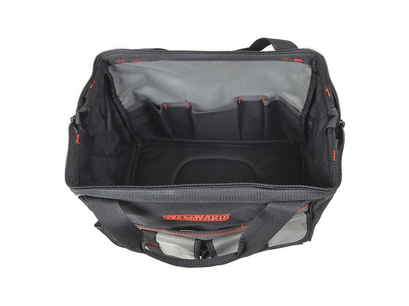 WESTWARD 32PJ37 Wide-Mouth Tool Bag, 600d Polyester, 21 Pockets, Black, 11-1/2"