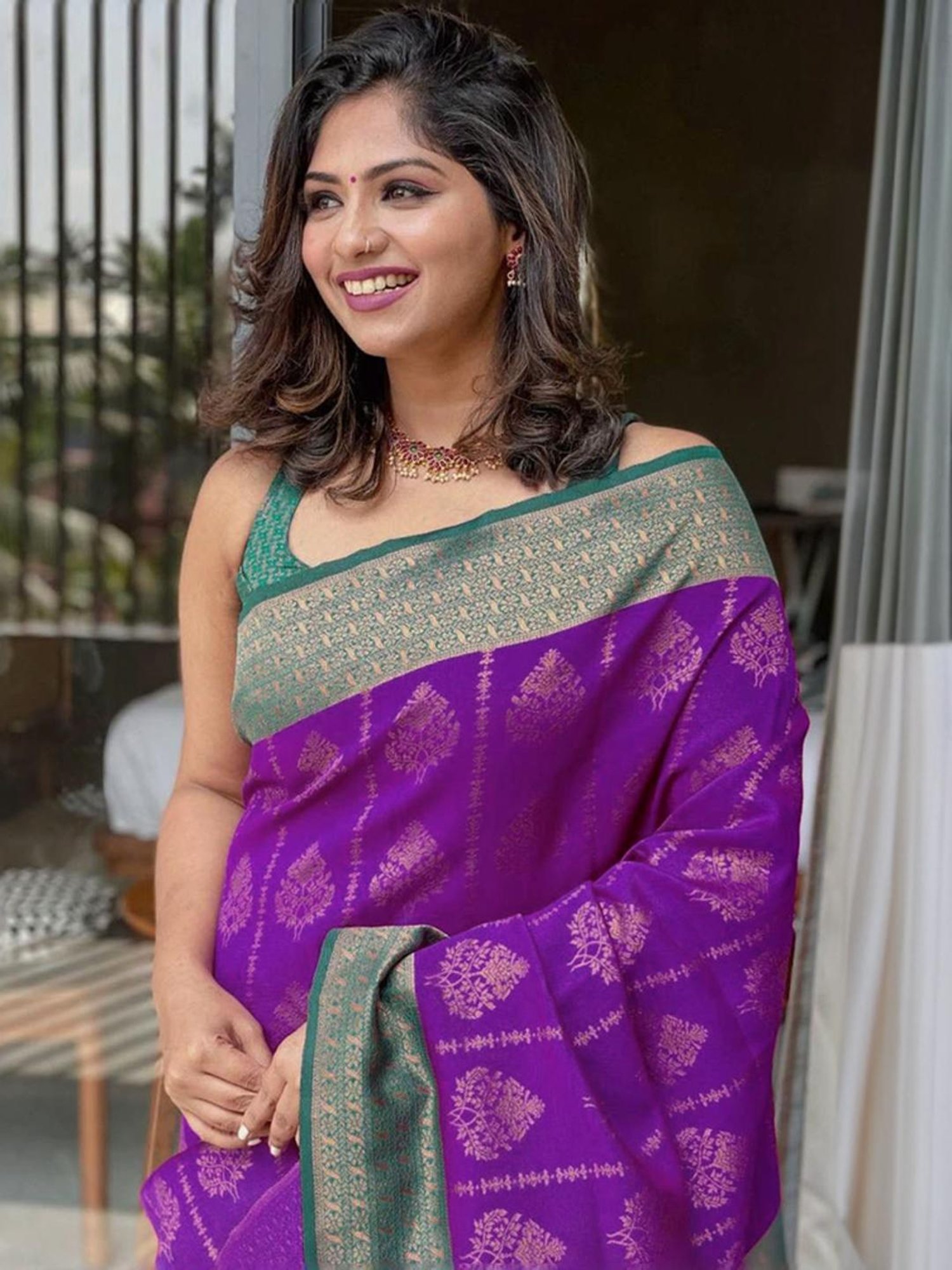 Satrani Purple & Rama Green Woven Saree With Unstitched Blouse